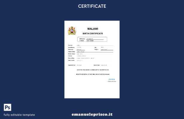 Certificato di nascita del Malawi in stile verificato Modello Word e PDF, modell